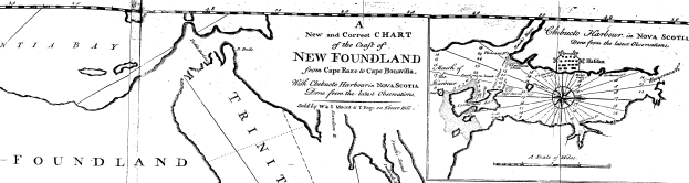 Eine detaillierte Schwarz-Weiß-Karte von Neufundland, die geographische Merkmale wie Flüsse, Berge und Städte zeigt, mit begleitendem Text, der zusätzliche Informationen über die Gegend und ihre Bewohner liefert.