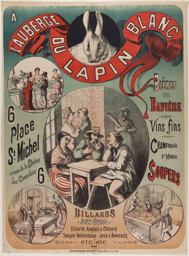 Ein Plakat, das eine Veranstaltung namens 'Lauberge du Lapin Blanc' ankündigt, zeigt eine Gruppe von Menschen an einem Tisch mit einem Kaninchen in der Mitte und Text, der die Veranstaltung beschreibt.