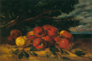 Ein Bild mit dem Titel "Naturstillleben mit Äpfeln und Birnen" von St. Pelagre, das ein Stillleben von Äpfeln und Birnen auf einem Tisch mit einem Baum und einem bewölkten Himmel im Hintergrund zeigt.