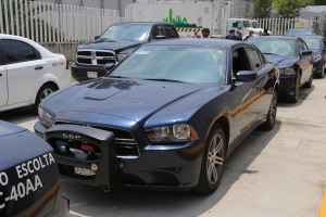 Polizeifahrzeuge auf einem Parkplatz mit Menschen auf der Straße, einem Zaun, Bäumen, Gebäuden und einem klaren Himmel im Hintergrund.