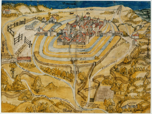 Eine Karte einer Stadt mit einem Schloss in der Mitte, umgeben von Bäumen, Häusern und einem Zaun, mit dem Text "Mützenhaus, Deutschland" auf dem Plakat.