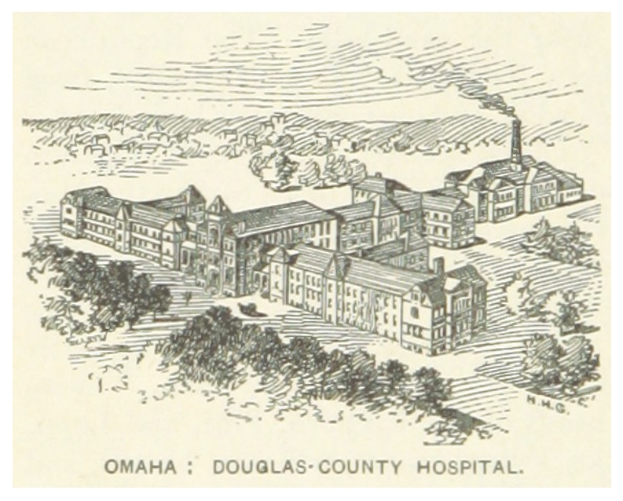 Eine Zeichnung des Douglas County Hospital in Omaha, Nebraska, mit ein paar Gebäuden und Bäumen im Vordergrund und Text unten.