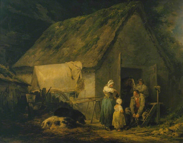 Ein Gemälde mit dem Titel "Die Farmersfrau" von Joseph Mallord William Turner zeigt eine Familie vor einem Reetdachhaus mit einem Pferdewagen im Vordergrund, umgeben von üppiger Vegetation und einem Himmel voller weißer Wolken.
