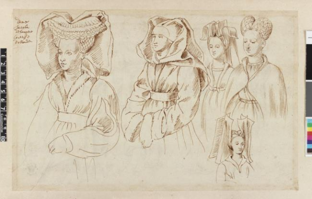 Ein detailliertes Bild von drei Frauen in Kleidern und Hüten mit einer Skala und Farbpalette auf dem Papier, dargestellt in einem realistischen Stil mit leuchtenden Farben.