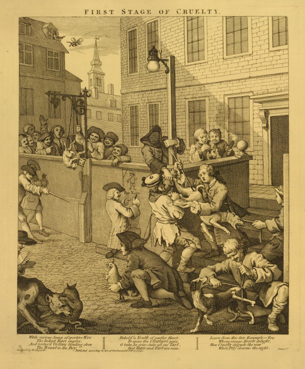 Eine handgezeichnete Papiertischvorlage, die eine Gruppe von Menschen und Tieren vor einem Gebäude mit Fenstern und einem Laternenmast zeigt, mit der Beschriftung "Erste Stufe der Grausamkeit" unten.