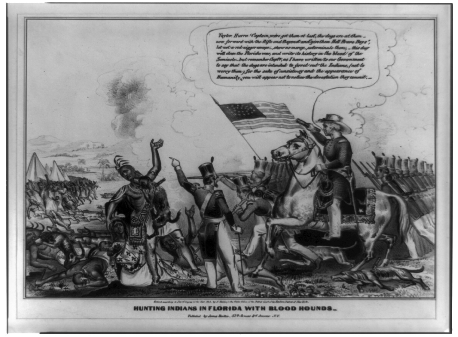 Schwarzes und weißes Foto einer Gruppe von Menschen, einige zu Pferd, mit einer Flagge im Hintergrund und Text, der unten 'Jagen von Indianern in Florida mit Bluthunden' lautet.