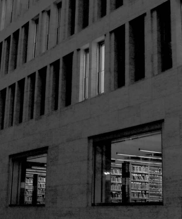 Ein Gebäude mit Bücherregalen voller Bücher im Vordergrund.