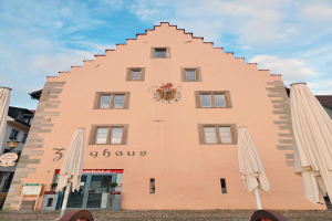 Ein pinkes Gebäude mit einem zentralen Uhrenturm, umgeben von Fenstern, Schirmen, einem Schild, einer Straßenlaterne, Topfpflanzen und einem bewölkten Himmel, repräsentiert München, Deutschland.