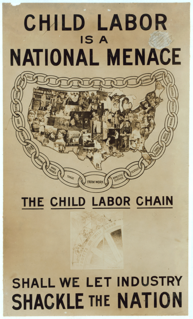 Ein Plakat mit fetter schwarzer Schrift auf weißem Hintergrund trägt die Aufschrift "Kinderschutz ist eine nationale Bedrohung - Sollen wir die Industrie das Land fesseln lassen?", das eine bunte Gruppe von Menschen zeigt, die gemeinsam stehen.
