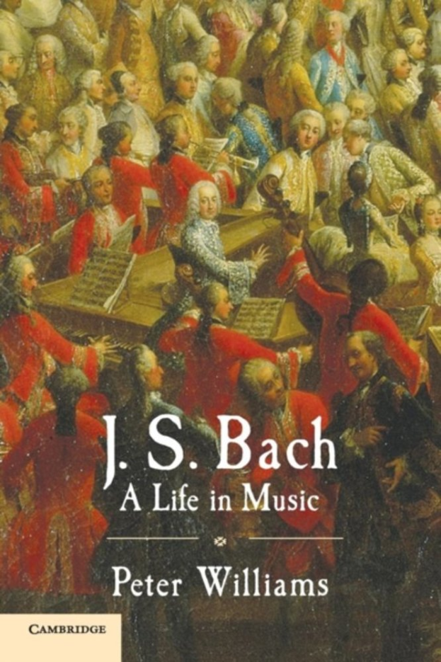 Ein Plakat für "Ein Leben in Musik" von J.S. Bach, das eine Gruppe von Menschen zeigt, die verschiedene Musikinstrumente spielen, mit dem Buchtitel über dem Bild.