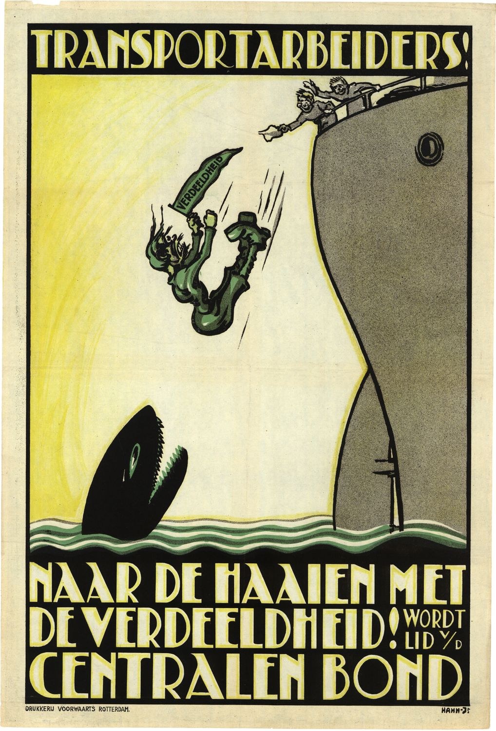 Cartoon-Poster mit einem verzweifelten Mann in einem Boot mit einem Hai im Wasser, begleitet von niederländischem Text, der vor Spaltung warnt und zur Mitgliedschaft in der Gewerkschaft aufruft.