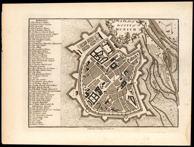Detailierte alte Karte von München, Deutschland, mit Straßen, Gebäuden und Sehenswürdigkeiten auf einem schwarzen Hintergrund, einschließlich Textbeschriftungen für Standorte.