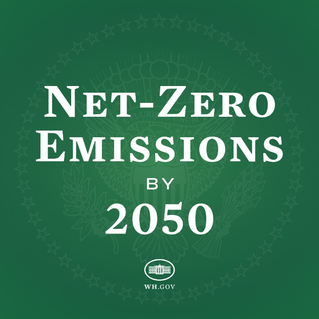 Text "net-zero emissions by 2050" in weiß auf grünem Hintergrund.