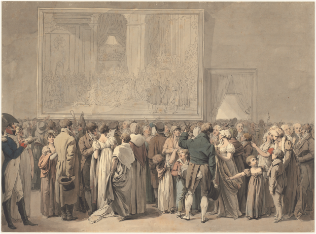 Ein Gemälde, das eine Menschenmenge vor einer Bühne mit einem Foto auf der Wand und Vorhängen im Hintergrund zeigt, mit der Aufschrift "Die Hochzeit von Thomas Rowlandson".