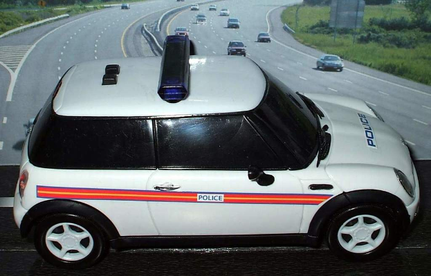 Ein weißer Polizeiwagen steht vor einer befahrenen Straße mit fahrenden Autos, umgeben von Gras und Bäumen in einer ländlichen Umgebung.