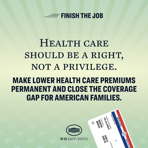 Plakat mit dem Text "Beende den Job: Gesundheit soll ein Recht sein, nicht ein Privileg" und einer Karte mit der Aufschrift "Mache niedrigere Gesundheitskosten permanent und schließe die Lücke in der Deckung für amerikanische Familien."
