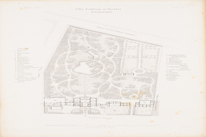 Ein altes Buch mit einer detaillierten Karte eines Parks auf dem Cover, das Bäume, Sträucher und andere Vegetation zeigt, zusammen mit Textinformationen über den Park.