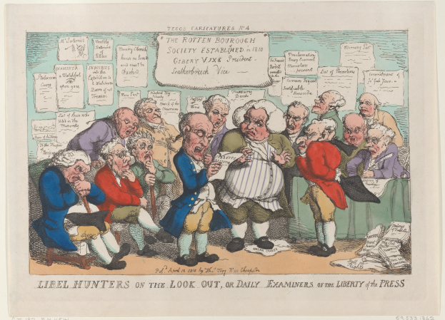 Eine Karikatur von Menschen um einen Tisch mit Papieren, betitelt "Libel Hunters on the Look Out, or Daily Examiners of the Liberty of the Press".