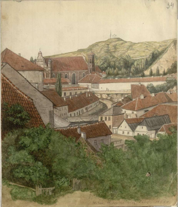 Gemälde einer kleinen Stadt mit einer Kirche im Hintergrund, umgeben von Bäumen, Hügeln und einem klaren blauen Himmel, signiert "Wiesbaden, Deutschland, 1824" unten.