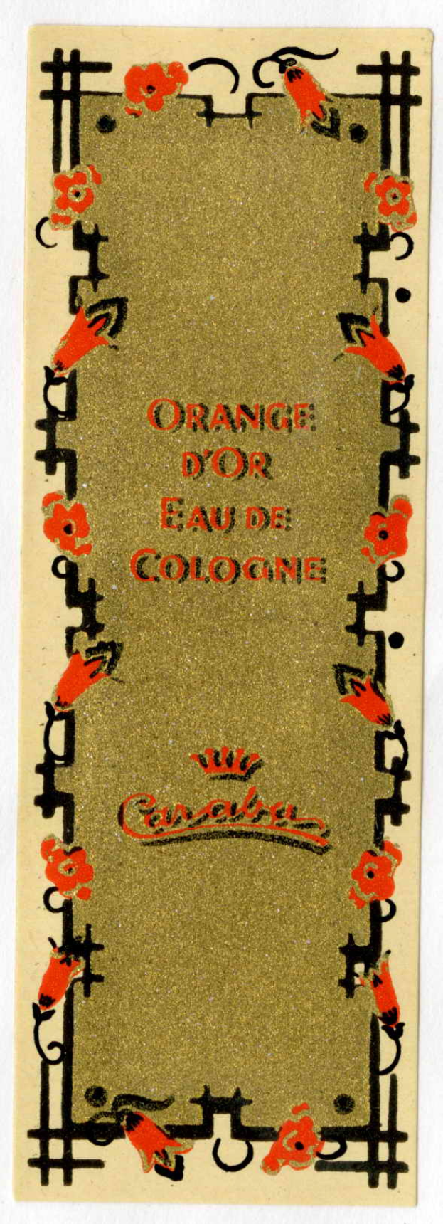 Eine orange d'or Eau de Cologne Zigarettenkarte mit einem weißen Hintergrund und Text, der den Duft beschreibt.