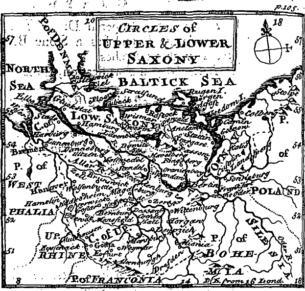 Eine detaillierte Schwarz-Weiß-Karte von Ober- und Niedersachsen, die geographische Merkmale wie Flüsse, Berge und Städte zeigt, mit überlagerndem informativen Text.