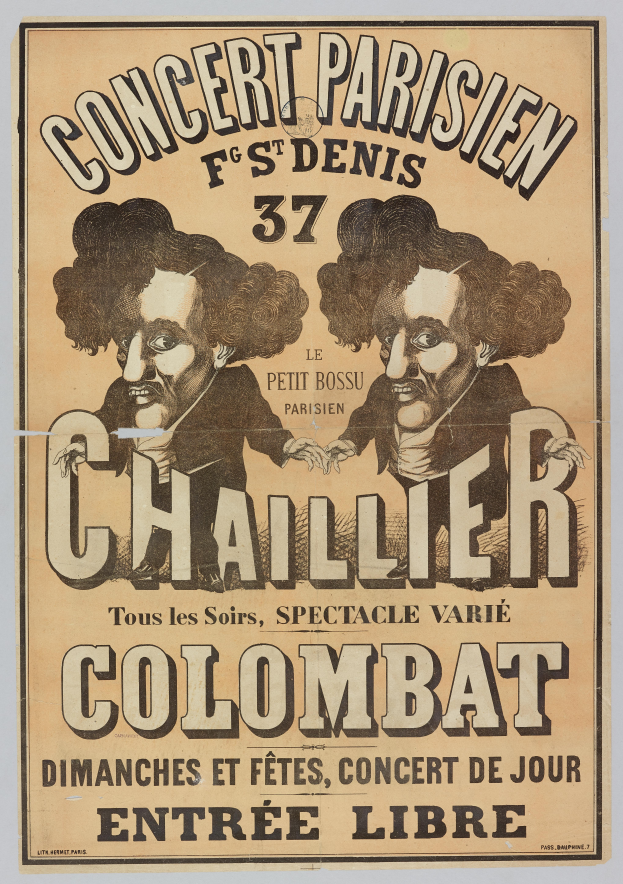 Ein Konzertplakat in Paris mit zwei Männern, einer mit einem menschlichen Gesicht, mit Text, der das Ereignis beschreibt.