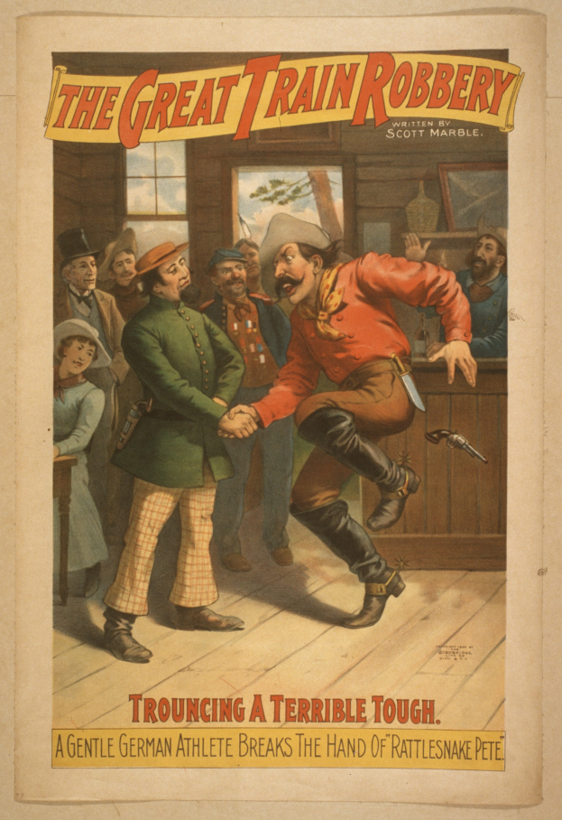 Eine Gruppe von Menschen in einem Raum, einer hält eine Waffe, mit Text oben und unten: "Die große Zugüberfall - Trouching ein Schreckliches Tough".