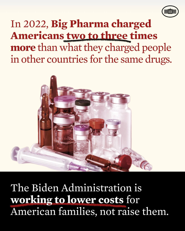 Plakat mit Text, der besagt, dass Big Pharma 2022 Amerikanern zwei bis drei Mal so viel für dieselben Arzneimittel berechnet hat wie in anderen Ländern, zusammen mit Bildern von Medikamentenflaschen und einer Spritze.