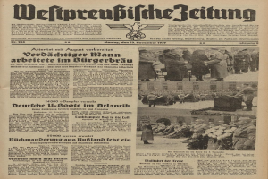 Alte deutsche Zeitungsvorderseite vom 13. November 1939 mit der Schlagzeile 'Weitpreubliche Zeitung' und einem Gruppenfoto von Menschen in traditioneller deutscher Kleidung.