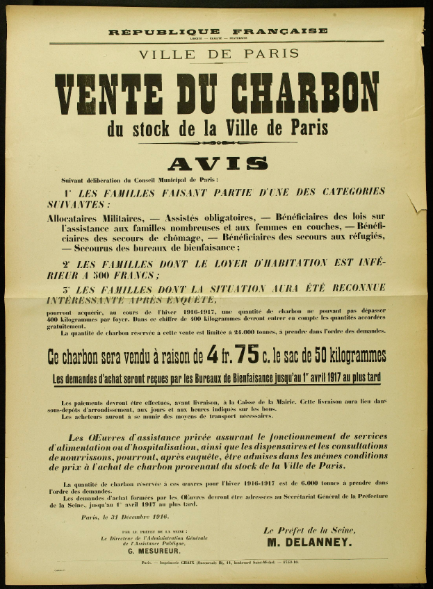 Eine alte Werbung für die Vente du Charbon in Paris, Frankreich, mit Text zur Beschreibung des Ereignisses.