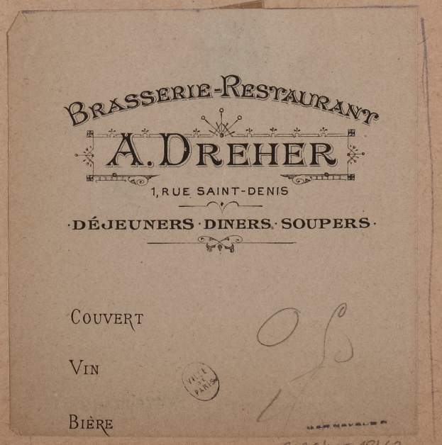Altes Buchcover mit einer Zeichnung eines Brasserie-Restaurants und Textbeschreibung