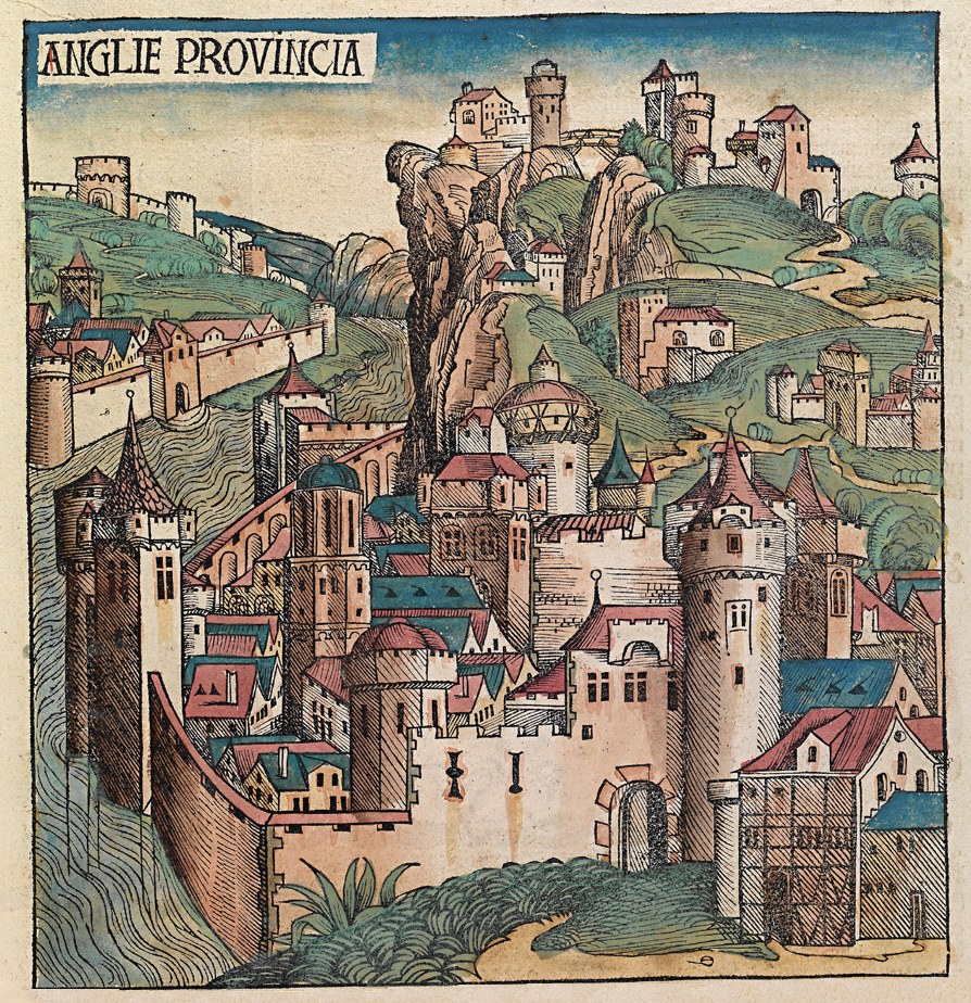 Mittelalterliche Stadtgravur mit einem Burghügel, umgeben von Gebäuden, Bäumen und Himmel, mit Text oben.