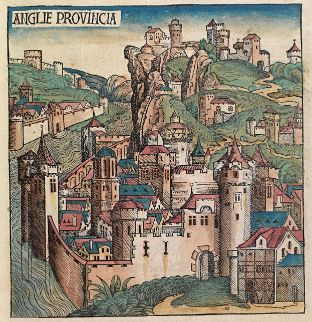 Mittelalterliche Stadtgravur mit einem Burghügel, umgeben von Gebäuden, Bäumen und Himmel, mit Text oben.