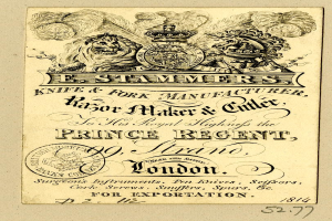 Papierdokument mit Text und einem Logo, auf dem "E. Stammers, Messer- und Gabelhersteller, Rasiererhersteller und -schneider, Prinz Regent, London" steht.