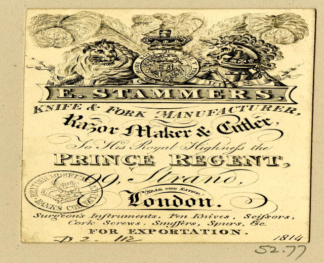 Papierdokument mit Text und einem Logo, auf dem "E. Stammers, Messer- und Gabelhersteller, Rasiererhersteller und -schneider, Prinz Regent, London" steht.