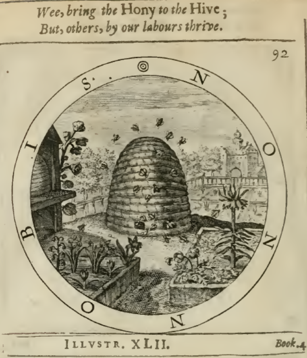 Ein altes Buch mit einer Zeichnung eines Bienenstocks umgeben von Pflanzen und Bäumen, mit dem Text "Wee, bring den Honig zur Wabe, aber andere, durch unsere Arbeit's blühen."
