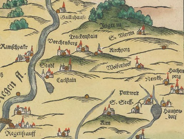 Ein altes, dekoratives Stadtplan von Köln, Deutschland, mit üppigen grünen Bäumen, kleinen gemütlichen Häusern und verzierter Schrift.
