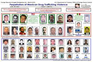 Plakat mit der überschrift "Verbrecher der mexikanischen Drogenhandel Gewalt" mit Fotos von verschiedenen Personen und fetter schwarzer Schrift auf einem hellblauen Hintergrund.