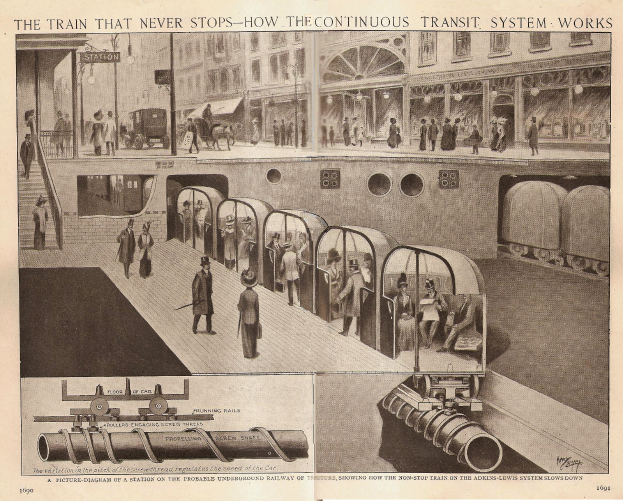 Eine Zeitung mit Bildern von Menschen, Zügen und anderen Gegenständen mit der Überschrift "Der Zug, der nie aufhört - wie das kontinuierliche Transportsystem funktioniert."