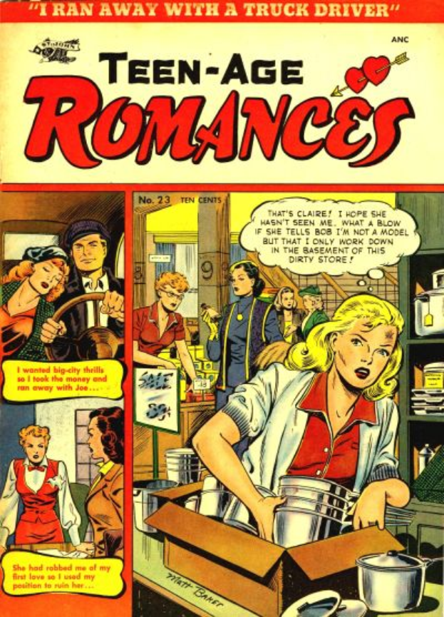 Ein Plakat, das eine Gruppe von Menschen in einer romantischen Umarmung zeigt, die strahlen und sich in die Augen schauen, mit der Aufschrift "Teen-Age Romances 23-A by DC" in fetter Schrift darüber.