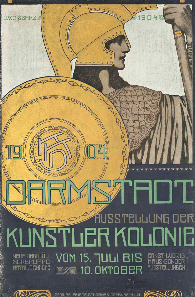 Plakat für ein Konzert in Berlin im Jahr 1904 mit einer Person in einem Helm, die ein Schild hält, mit 'Darmstadt' und 'Künstlerkolonie' in fetter Schrift.