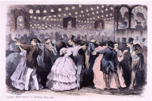 Eine Gruppe von Menschen, die in einem Ballsaal tanzen, mit Wänden und Deckenbeleuchtung, mit Text unten: "Madame Baille Nacional en la Campagne Bleuet, 1860".