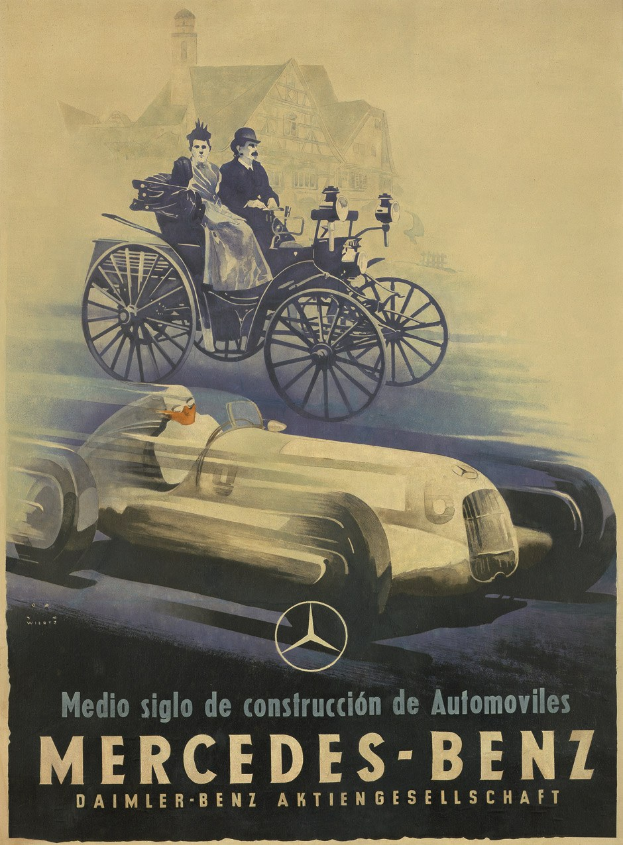 Vintage Mercedes-Benz-Werbung aus den 1930er Jahren, die ein Plakat mit einem Auto, zwei Personen im Innern und einem Geb├Ąude im Hintergrund zeigt, begleitet von beschreibendem Text.