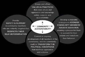 Ein Diagramm mit der ├ťberschrift "Gemeinschaftliche Rechenschaft" und einem zentralen Kreis, der über Pfeile mit drei überlappenden Kreisen verbunden ist, alles in kr├Ąftigen, leuchtenden Farben.
