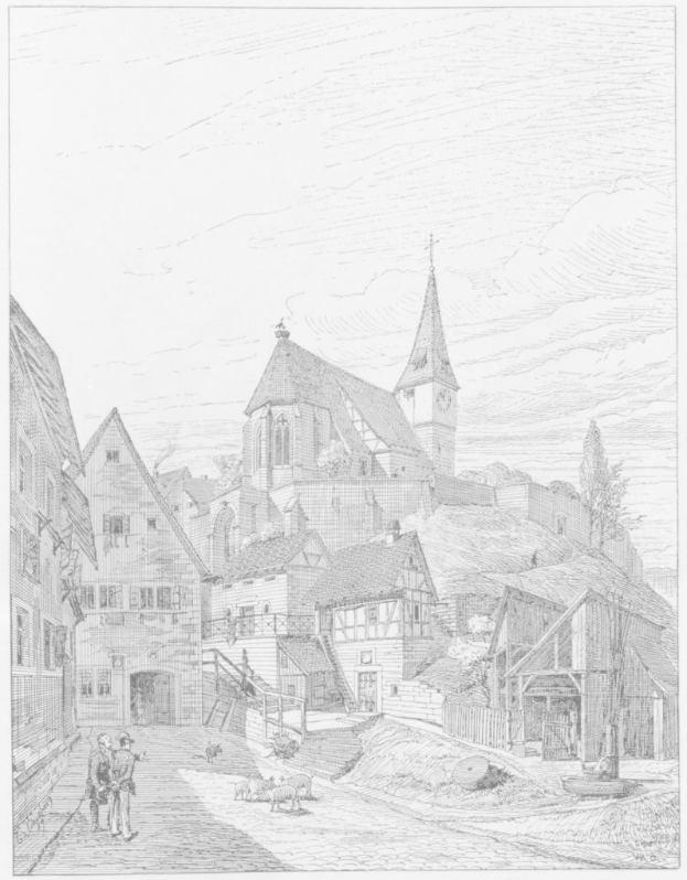 Eine Schwarz-Weiß-Zeichnung einer StraßenSzene in Heidelberg, Deutschland, mit der Kirche der Heiligen Dreifaltigkeit im Hintergrund, umgeben von Gebäuden, Menschen, Tieren, Bäumen und einem Himmel, mit Text unten lesend "Die Kirche der Heiligen Dreifaltigkeit in der Altstadt von Heidelberg, Deutschland".