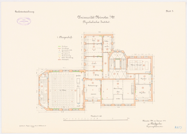 Schwarz und Weißer Architektischer Grundriss der Universität Münster mit Beschrifteten Räumen, Fluren und Anderen Merkmalen auf Papier.
