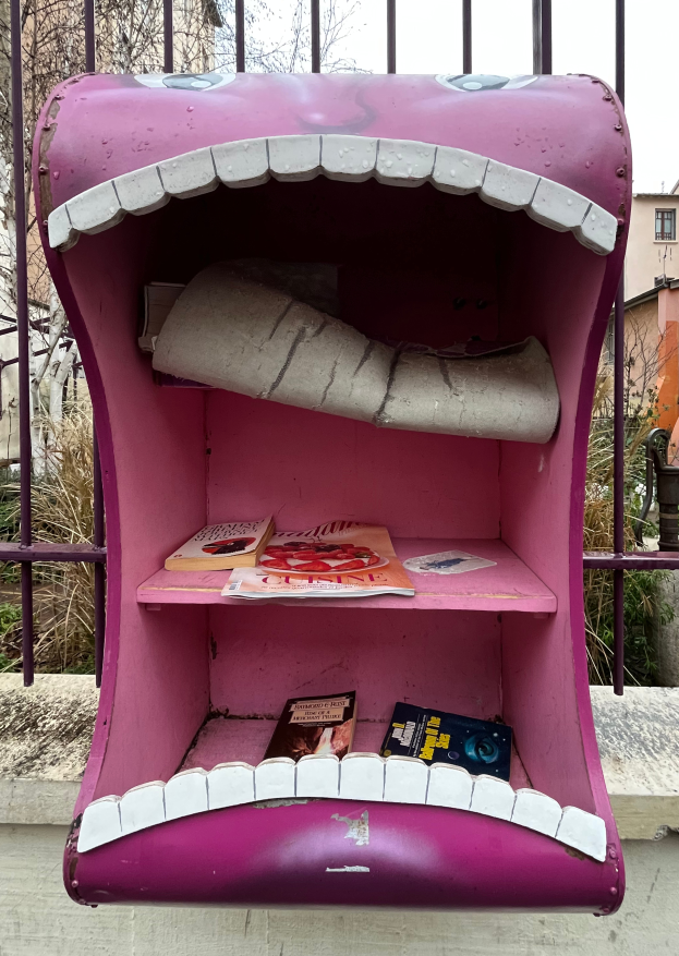 Ein pinker Briefkasten mit einem Mund darauf, gefüllt mit Büchern und anderen Gegenständen, steht an der Seite einer Straße mit einem Geländer, Pflanzen, Bäumen, Gebäuden und dem Himmel im Hintergrund.