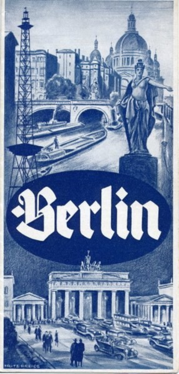 Plakat, das Berlin, Deutschland bewirbt, zeigt eine Statue, historische Gebäude, einen Turm, Menschen, Fahrzeuge auf einer Straße und eine Brücke mit Text, der Stadtinformationen enthält.