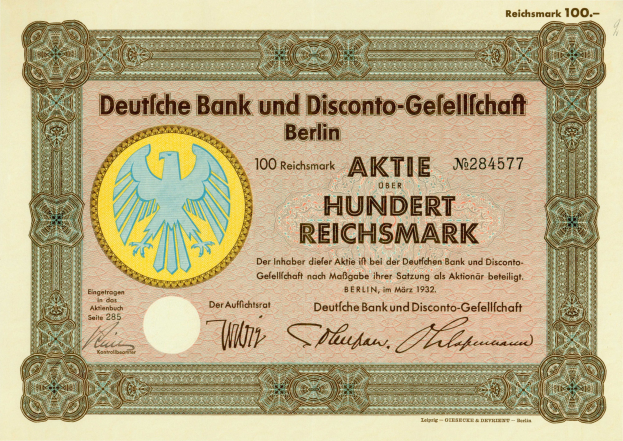 Alte deutsche Banknote mit einer Vogeldarstellung und der Aufschrift "Deutsche Bank und Disconto-Gesellschaft Berlin."