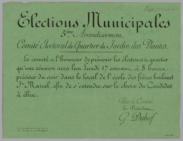 Ein grünes Blatt mit den Worten "Elections municipales" darauf vor einem weißen Hintergrund.